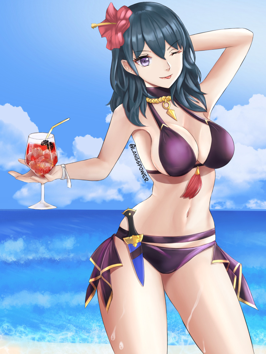 1girls :p alternate_costume arm_behind_head artist_name beach bikini black_bikini black_swimsuit blep blue_eyes blue_hair byleth_(fire_emblem) byleth_(fire_emblem)_(female) byleth_(summer)_(fire_emblem)_(female) cloud dagger drink female female_only fire_emblem fire_emblem:_three_houses fire_emblem_heroes flower flower_in_hair hair_flower hi_res hibiscus highres langspower large_breasts nintendo official_alternate_costume one_eye_closed sea seaside solo swimsuit swimwear tongue tongue_out water watermark wet