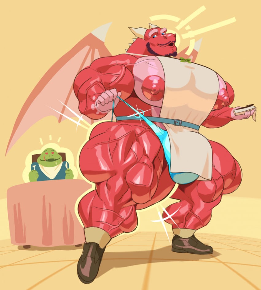 1boy 1other anthro background_character beard big_bulge big_muscles big_nipples big_pecs black_hair blue_eyes clothed clothing dragon duo facial_hair guzreuef hi_res horns huge_muscles hyper hyper_muscles looking_back_at_another male male_nipples male_thong muscles muscular_male mustache pecs penis_bulge red_nipples red_skin scalie skimpy veiny_muscles