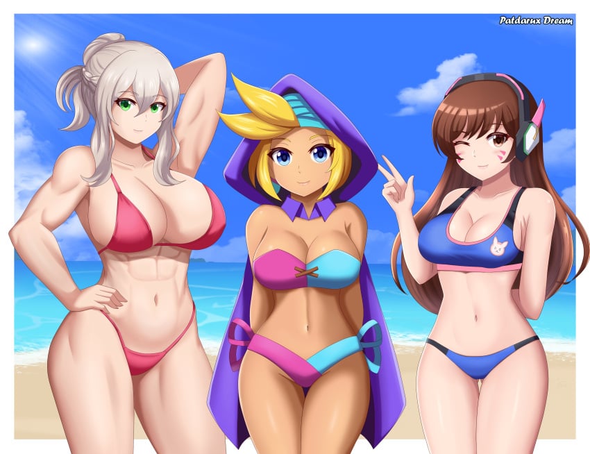 2d 3girls abs alternate_costume bikini breasts crossover d.va effie_(fire_emblem) female female_only fire_emblem fire_emblem_fates looking_at_viewer muscular muscular_female nintendo overwatch patdarux pink_bikini pink_swimsuit shantae sky_(shantae) swimsuit