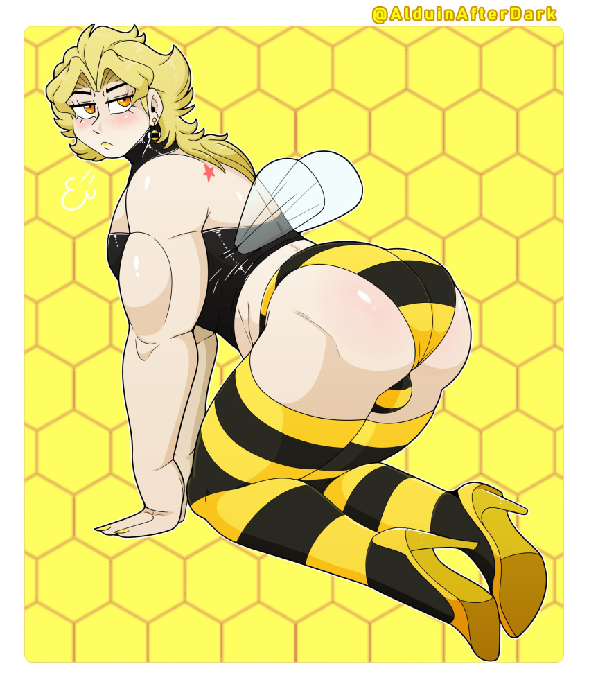 1boy alduinafterdark alduingijinka arm_support ass bee bee_costume bee_wings big_ass blonde_hair bug dio_brando earrings full_body gay halterneck high_heels huge_ass insects jewelry jojo's_bizarre_adventure long_hair male male_focus muscular muscular_male orange_eyes panties sigh sleeveless solo_male striped striped_panties striped_thighhighs thighhighs underwear yaoi