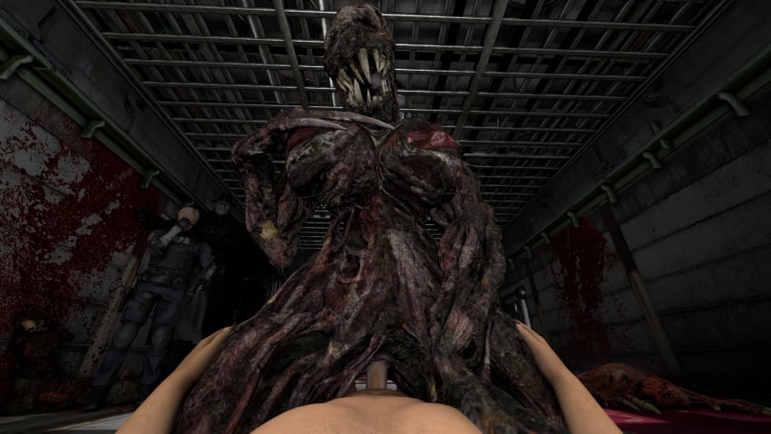 3boys 3d 3d_(artwork) big_breasts black_body blood bodily_fluids breasts capcom clothing cowgirl_position cum cum_in_pussy cum_inside detailed_background digital_media_(artwork) duo erection fangs female female_penetrated first_person_view genital_fluids genitals group hat headgear headwear hi_res human humanoid interspecies leon_scott_kennedy licker licker_(resident_evil) light-skinned_male male male/female male_penetrating male_penetrating_female male_pov mammal molded monster monstrous_humanoid mr_x nude open_mouth open_smile penetration penile penile_penetration penis penis_in_pussy pov pussy resident_evil resident_evil_2 resident_evil_2_remake resident_evil_7 sex smile starkiller teeth teratophilia vaginal_penetration