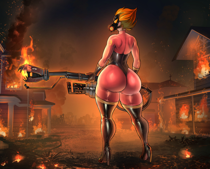 1girls ass big_ass bodysuit catsuit fempyro gas_mask high_heel_boots high_heels humanized leather leather_gloves mask my_little_pony respirator rubber spitfire_(mlp) team_fortress_2 thick thick_thighs transfaled_(fwexz)