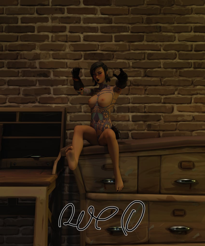 arms_out blush blushing breasts feet female female_only foot_up fortnite fortnite:_battle_royale gloves jules_(fortnite) looking_at_viewer nude nude_female only_female rxzeroblend self_upload short_hair sitting_on_object tattooed_arm tattoos utility_belt