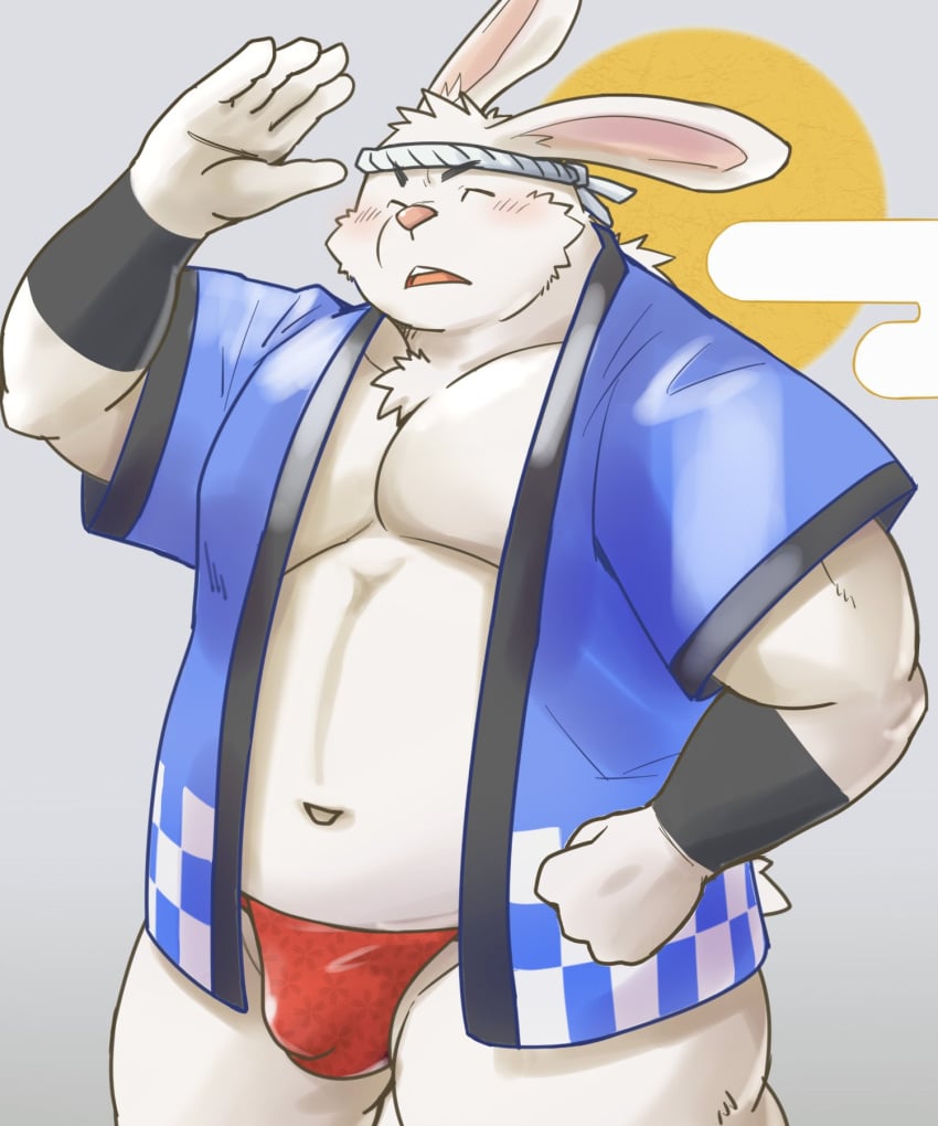 2023 anthro asian_clothing blush bulge closed_eyes clothing detailed_bulge east_asian_clothing fundoshi hi_res humanoid_hands japanese_clothing kemono lagomorph leporid male mammal musclegut navel rabbit red_clothing red_fundoshi red_underwear shiike999 solo underwear white_body