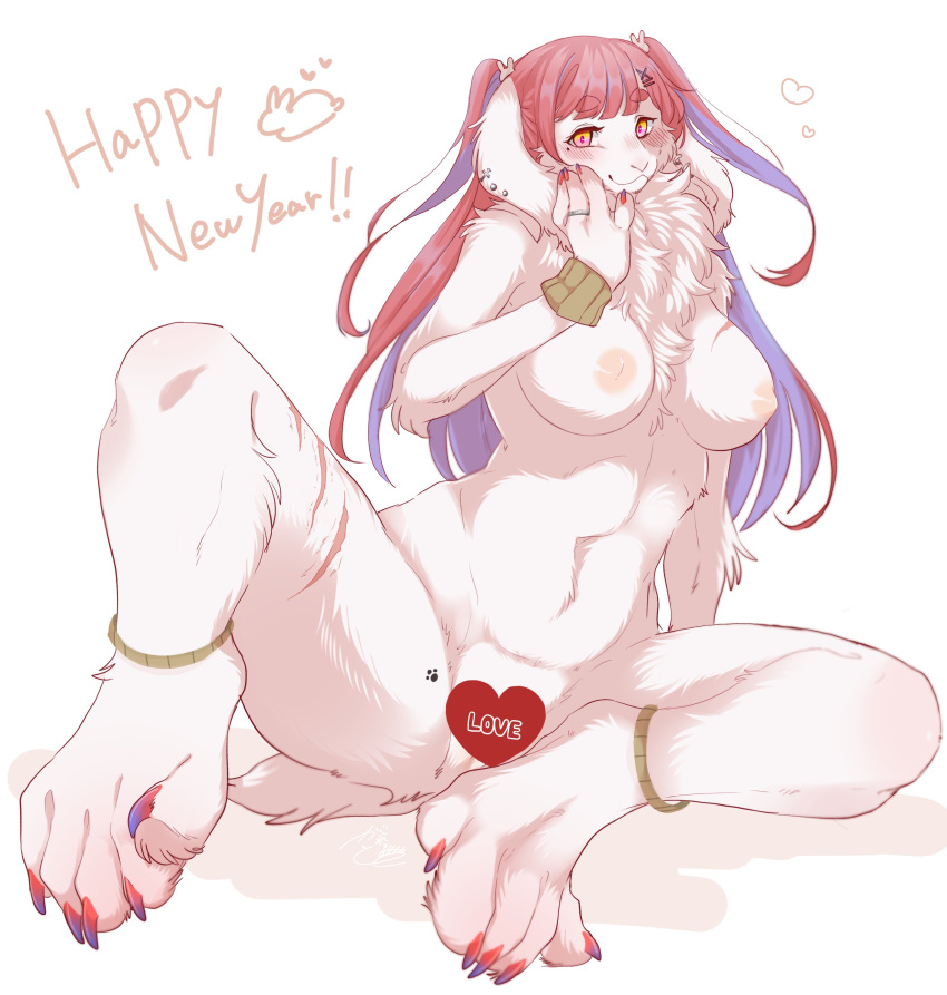 <3_censor 2022 5_toes absurd_res accessory ankle_tuft anklet anthro areola big_feet biped blush blush_lines breast_scar breasts bunny_clip censored censored_genitalia censored_pussy cheek_tuft chest_tuft claws closed_smile countershade_arms countershade_breasts countershade_face countershade_legs countershade_torso countershading cross digital_media_(artwork) ear_piercing ear_ring elbow_tuft english_text exclamation eyebrow_through_hair eyebrows eyelashes facial_tuft feet female female_anthro floppy_ears footprint full-length_portrait fur galette glistening glistening_areola glistening_eyes glistening_hair gradient_claws hair hair_accessory hairclip hand_on_face hand_on_own_face heart hi_res holidays inverted_nipples jewelry lagomorph leg_scar leg_tuft leporid long_ears looking_at_viewer lop_ears mammal mole_under_eye monotone_text mouth_closed multicolored_eyes multicolored_hair navel neck_tuft new_year nipples nude pawprint pawprint_marking piercing pink_areola pink_claws pink_hair pink_text portrait purple_claws purple_hair rabbit ring_(jewelry) ring_piercing scar shaded shoulder_tuft signature silver_ear_piercing silver_ear_ring silver_ring simple_background smile solo tan_wristband text text_in_heart toe_claws toes translucent translucent_hair tuft two_tone_claws two_tone_eyes two_tone_hair white_arms white_background white_body white_breasts white_ears white_face white_feet white_fingers white_fur white_hands white_legs white_nose white_toes wristband x_clip yellow_eyes