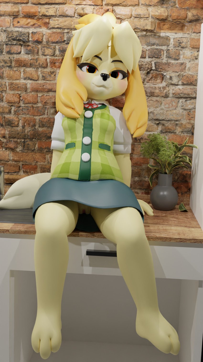 2023 3d 3d_(artwork) 3d_model animal_crossing animal_crossing_new_leaf anthro blender breasts canine clothed clothing doubutsu_no_mori female fur furry furry_only hi_res highwizard isabelle_(animal_crossing) isabelle_(highwizard) kitchen looking_at_viewer nintendo no_panties office_lady presenting presenting_pussy pussy pussy_peek sitting skirt solo spread_legs tail yellow_body yellow_fur