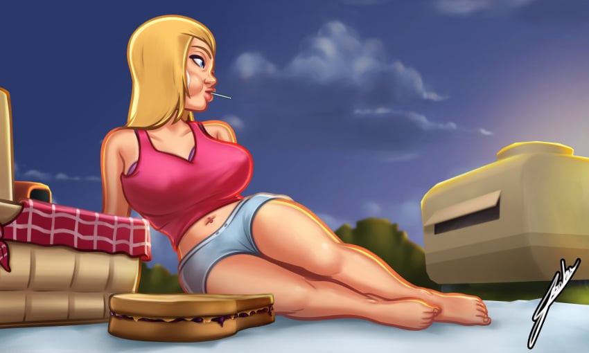 1girls 2d big_breasts blonde_hair blue_eyes bottomwear bra breasts clothed clothing clouds digital_drawing_(artwork) digital_media_(artwork) ear_piercing earrings female female_focus female_only huge_breasts joakadraws laying_on_floor lolipop outdoors outside pants picnic picnic_basket picnic_blanket pose posing roxxy_(summertime_saga) sandwich shirt shorts sky solo solo_female solo_focus summertime_saga sunlight sunset tank_top thick_thighs topwear watermark