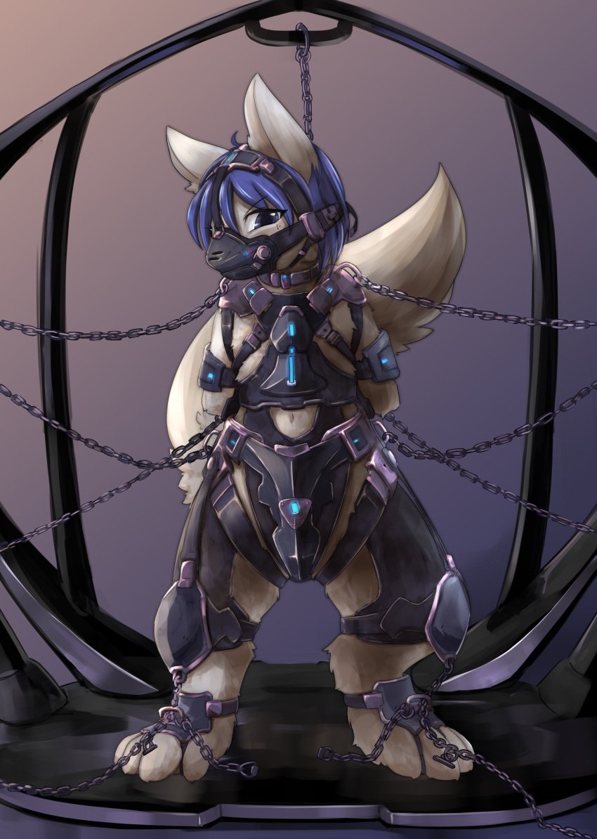 absurd_res ambiguous_gender bondage bound chains chastity_belt chastity_device fadingsky feral fluffy fluffy_tail hands_behind_back harness hi_res male male_only muzzle_(object) solo tail