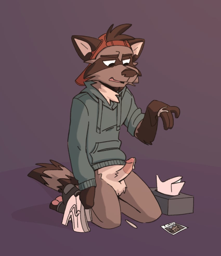 after_orgasm anthro backwards_hat baseball_cap bodily_fluids bottomless briefs circumcised clothed clothing cum erection genital_fluids genitals hat headgear headwear hi_res hoodie kneeling male male_only mammal masturbation penis procyonid raccoon sam_(tinydeerguy) solo tighty_whities tinydeerguy tissue_box topwear underwear white_briefs white_clothing white_underwear