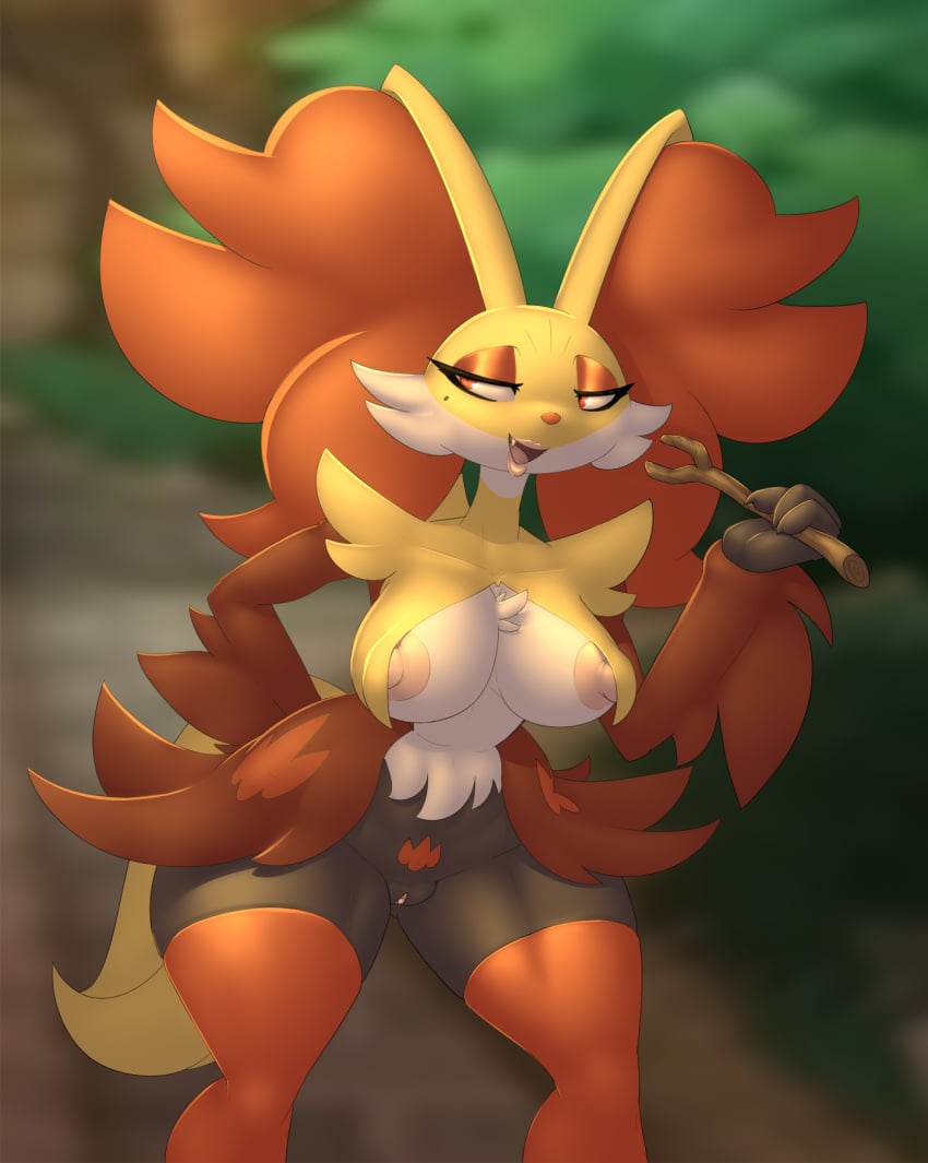 2022 anthro areola beauty_mark big_breasts big_nipples black_body black_skin breasts canid canine cheek_tuft chest_tuft clitoris clothing crotch_markings delphox eyelashes eyeshadow facial_tuft fangs female footwear fur generation_6_pokemon genitals hand_behind_back hi_res holding_object inner_ear_fluff legwear lips looking_away makeup mammal markings nintendo nipples open_mouth pink_areola pink_nipples pink_pussy pokémon_(species) pokemon pokemon_(species) portrait pussy red_body red_clothing red_eyes red_eyeshadow red_footwear red_fur red_socks sharp_teeth socks solo stick tail teeth thick_thighs thigh_highs three-quarter_portrait tuft venela white_body white_fur yellow_body yellow_fur