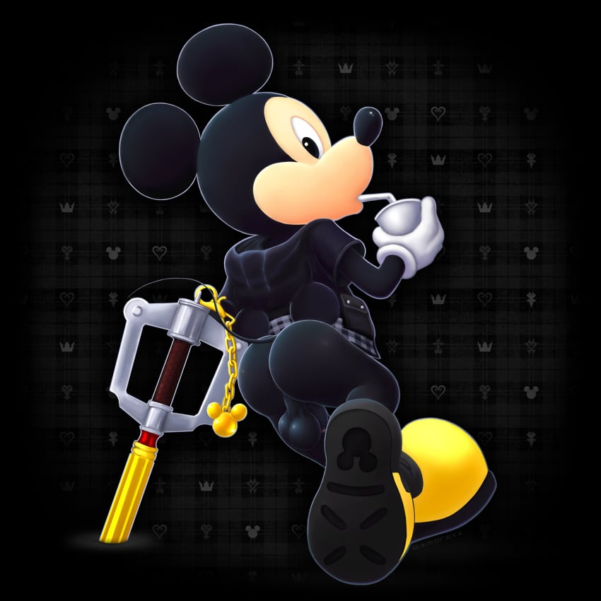 anthro ass balls casual dark_skin disney footwear genitals handwear hi_res keyblade kingdom_hearts looking_back male male_only mammal melee_weapon mickey_mouse mouse murid murine outerwear penis public_domain rodent solo square_enix weapon ximorexx