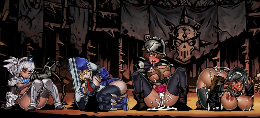 4girls big_breasts black_hair blazblue blonde_hair blush brown_hair closed_eyes covered_in_cum crossbow crossover crusader_(darkest_dungeon) cum_inside darkest_dungeon defeated_heroine female flagellant_(darkest_dungeon) helmet huge_breasts kirin_(armor) lactation medieval_armour medium_breasts monster_hunter niur noel_vermillion pistol pubic_tattoo red_eyes rule_63 short_hair tears tongue_out white_hair