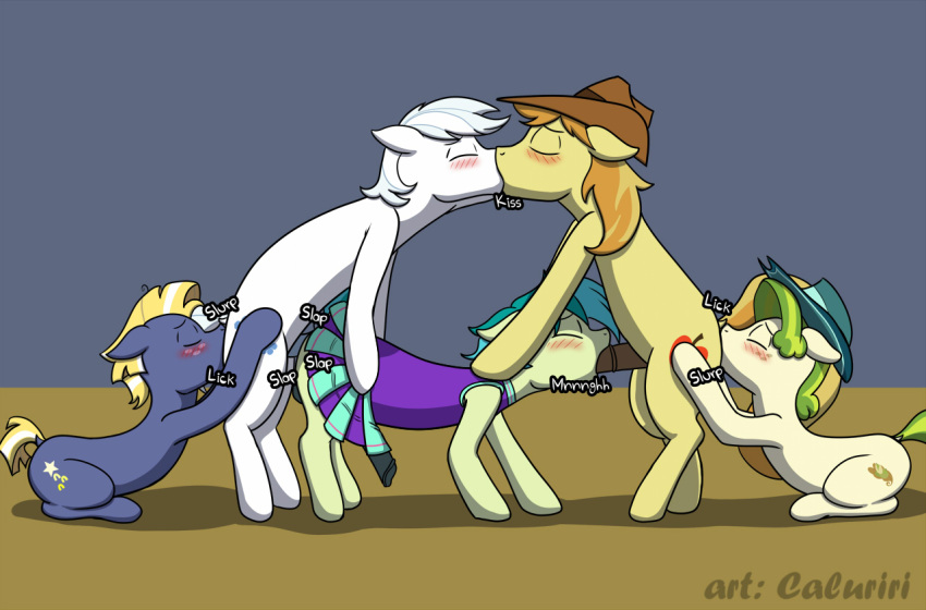 2020 age_difference anal anal_sex artist_name blonde_hair blue_body blush braeburn_(mlp) caluriri cheerleader_outfit closed_eyes clothed clothing crossdressing digital_drawing_(artwork) digital_media_(artwork) double_diamond_(mlp) earth_pony equid equine fellatio feral feral_on_feral feral_penetrated feral_penetrating feral_penetrating_feral fivesome friendship_is_magic genitals green_body green_hair group group_sex hair hasbro hat headgear headwear horse kiss_on_lips kissing male male/male mammal my_little_pony older_male oral oral_penetration orgy penetration penile penis pistachio_(mlp) pony rimming sandbar_(mlp) sex simple_background spitroast star_tracker_(mlp) tan_body threesome triangle_position white_body white_hair yellow_body younger_male