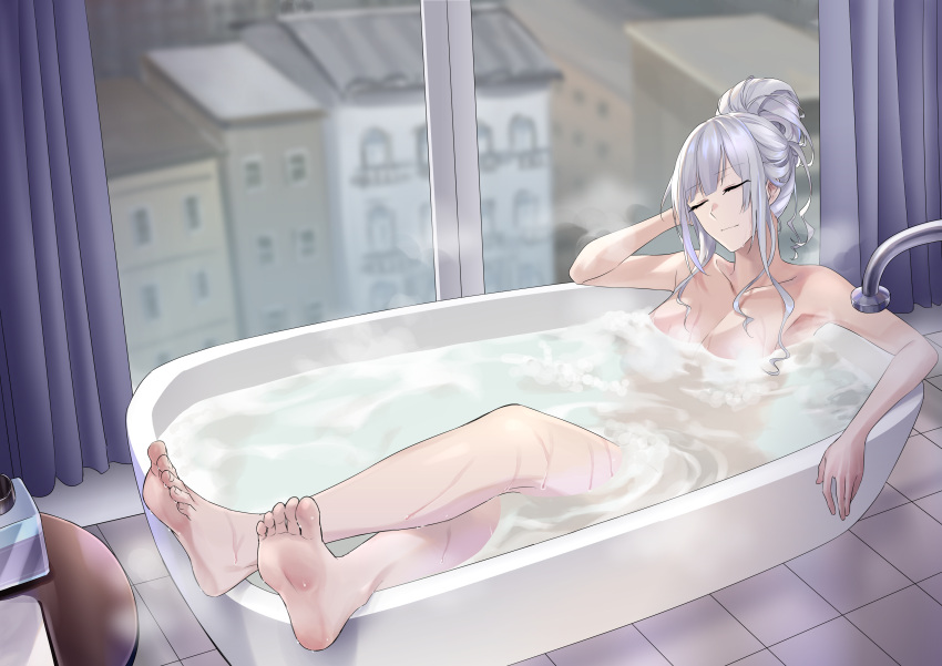 1girls 2020s 2022 absurd_res ak-12_(girls'_frontline) barefoot bath bathroom bathtub closed_eyes completely_nude completely_nude_female feet female full_body girls'_frontline grey_hair hair_up hi_res indoors legs light-skinned_female light_skin long_hair nude nude_female partially_submerged soles solo steam suprii toenails toes water wet window