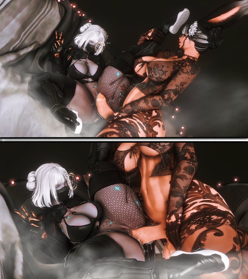 big_breasts big_penis cerescloudsxiv cybernetic_limb edited_screencap elf_ears final_fantasy final_fantasy_xiv futa_on_female futanari gpose(ffxiv) musk_clouds peace_sign teasing viera