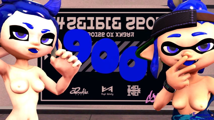 2girls 3d blue_eyes blue_hair breasts clothing convex_(freezerburn) dev_(freezerburn) female female_focus female_only freezerburnsfm gesturing_at_viewer inkling inkling_girl looking_at_viewer milestone_celebration nipples octoling octoling_girl sfm source_filmmaker splatoon splatoon_2 tank_top teasing tongue_out