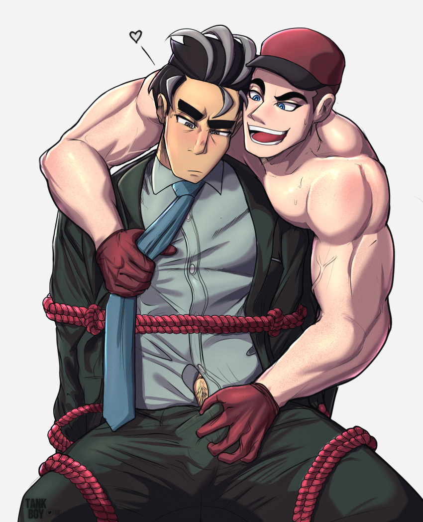 2boys biceps bound bulge clothed_male courier_(pokemon) gay heart horny_male larry_(pokemon) male male_only muscles muscular muscular_male penis_grab penis_hold pokemon pokemon_sv sitting spread_legs tankboyart tied_up veiny_arms veiny_muscles