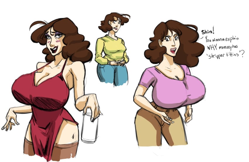 1girls 2019 big_breasts blush breast_focus breasts brown_hair cleavage crayon_shin-chan dialogue digital_media_(artwork) dress eye_shadow eyeshadow female_focus female_only first-second glass hi_res high_resolution highres huge_breasts human human_only jeans large_breasts makeup milf misae_nohara not_furry not_furry_focus pants png simple_background standing talking_to_another text white_background