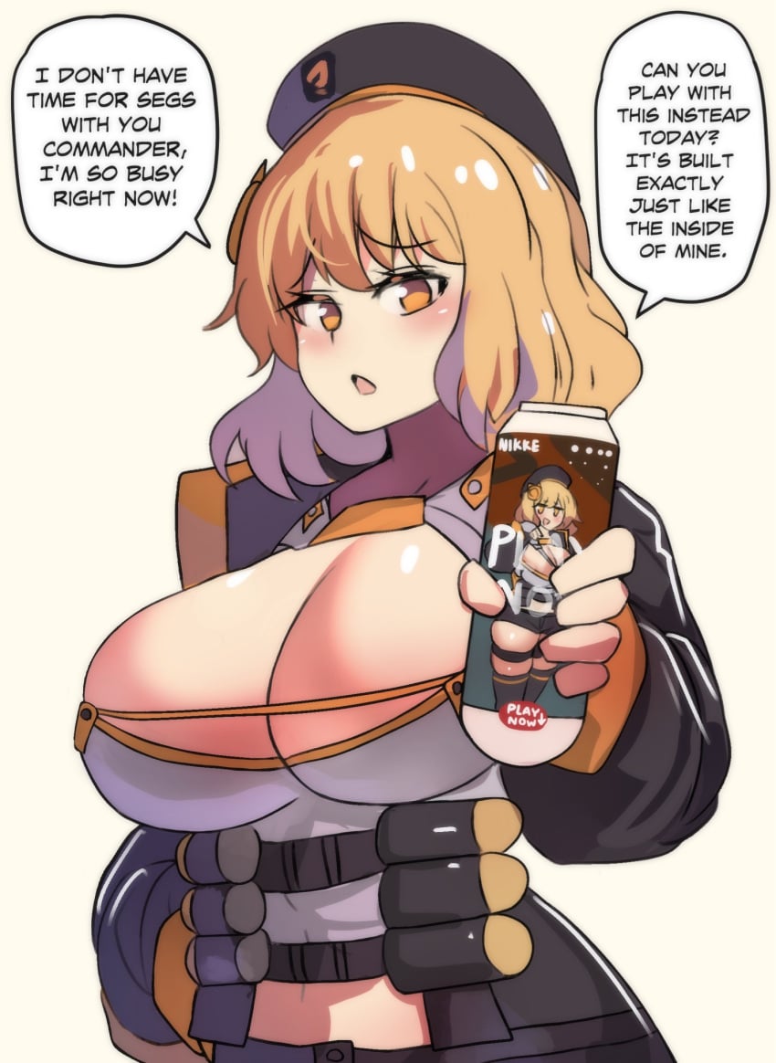 anis_(nikke) blonde_hair breasts cleavage english_text female goddess_of_victory:_nikke hat highres hinghoi holding large_breasts light_blush looking_at_viewer medium_hair meme open_mouth orange_eyes pov seggs_(meme) solo speech_bubble upper_body