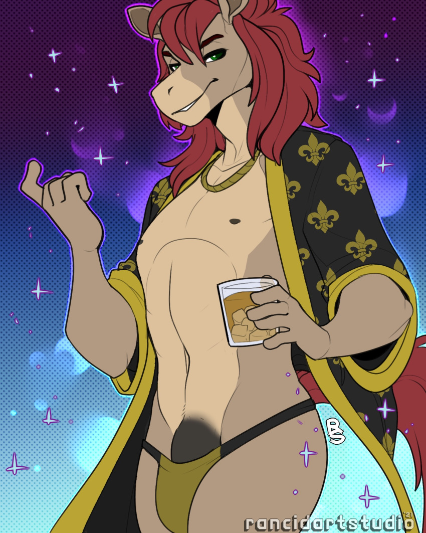 alcohol alcoholic_drink anthro bathrobe bedroom_eyes beverage bulge clothing equid equine hi_res horse jockstrap male mammal moleigh narrowed_eyes nipples rancidious robe seductive solo underwear