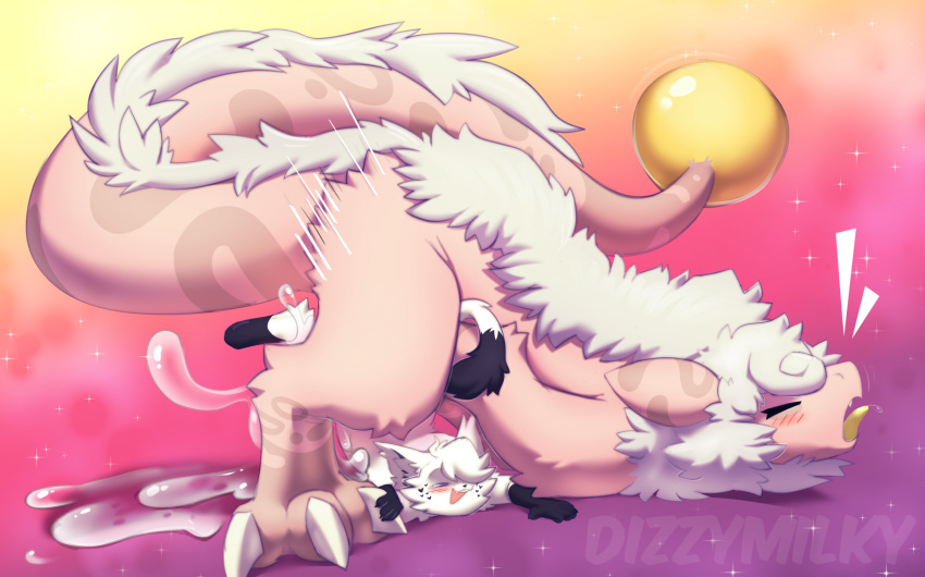 2023 artist_name closed_eyes digital_media_(artwork) dizzymilky domestic_cat dragon felid feline felis fluffy fur gradient_background hi_res hybrid looking_pleasured male male/male mammal open_mouth sex simple_background size_difference tongue tongue_out