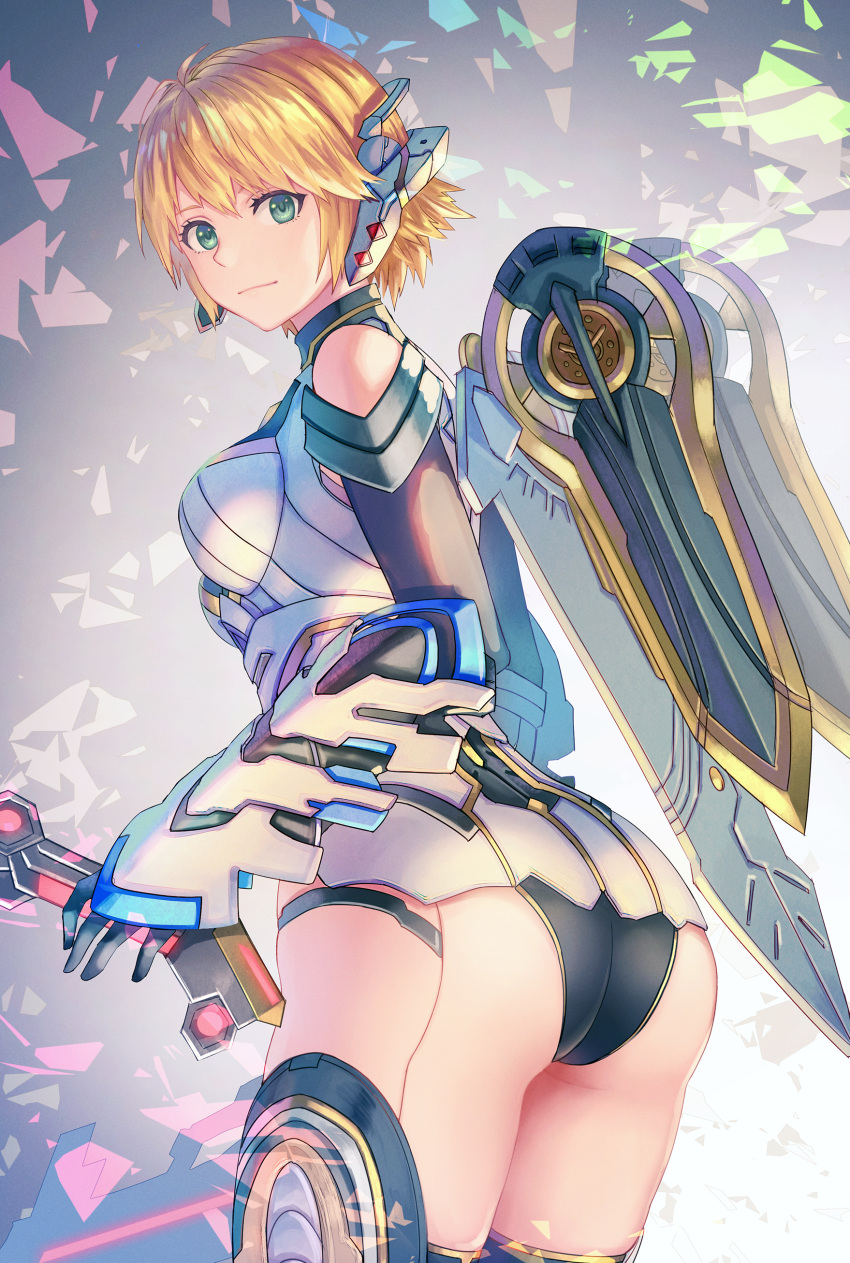 1girls absurd_res alternate_costume android armor armwear ass asymmetrical_bangs bangs bare_shoulders bare_thighs big_ass blonde_hair blue_thighhighs breasts bubble_butt cyborg dual_wielding female_only fiora_(xenoblade) gloves green_eyes highres holding_sword holding_weapon joints leotard light-skinned_female looking_at_viewer mechanical mechanical_wings medium_breasts nintendo official_alternate_costume robot robot_girl robot_joints short_hair smile smiling swimsuit sword thick_ass thick_thighs thighhighs thighs weapon white_leotard wings xenoblade_(series) xenoblade_chronicles y_ambe