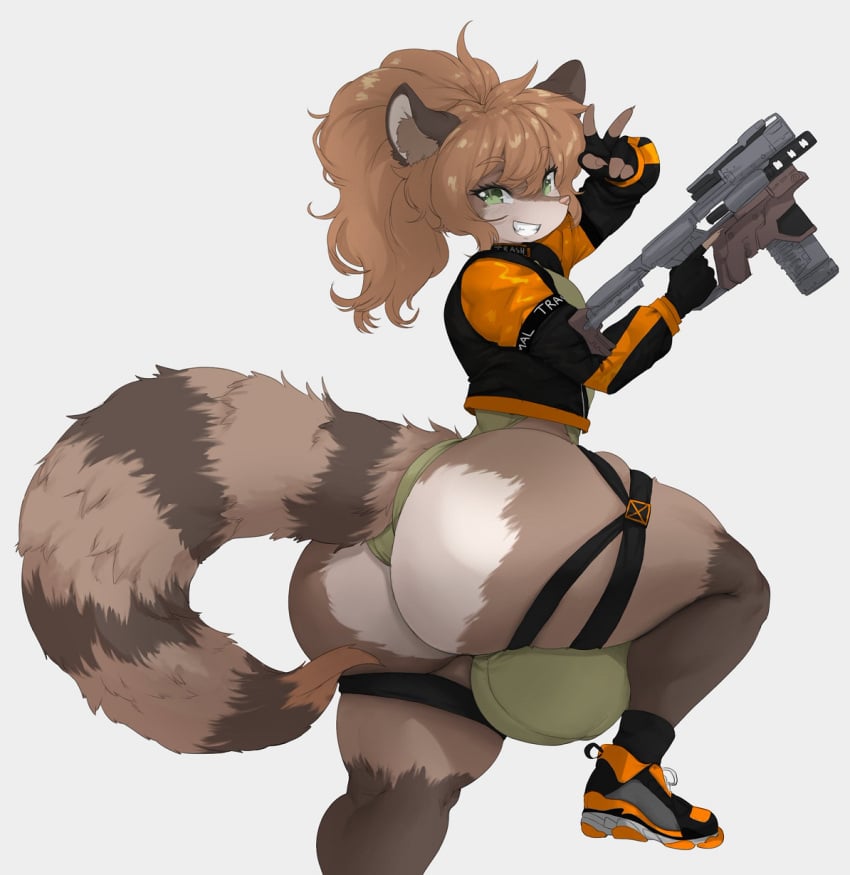 anthro ass balls big_balls big_bulge big_butt brown_body brown_fur brown_hair bulge clothed clothing fingerless_gloves fluffy fluffy_tail footwear fur genitals gesture gloves grin gun hair handwear hi_res huge_balls huge_butt jacket leotard long_hair looking_at_viewer male mammal monkeywithaafro partially_clothed ponytail procyonid raccoon ranged_weapon shoes smile sneakers socks solo tail teeth thick_thighs topwear v_sign weapon