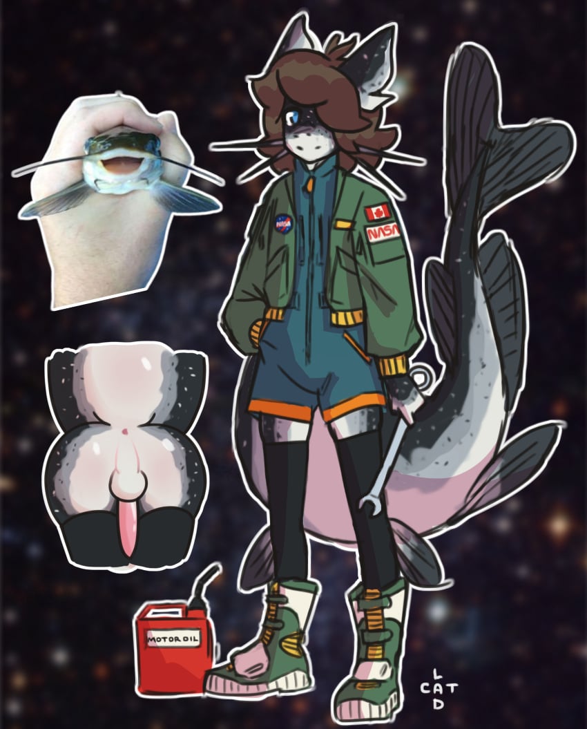 absurd_res anthro ass black_body blue_eyes bomber_jacket boots brown_hair canadian_flag catfish catlad clothing coveralls fin fish footwear genitals hair hi_res jumpsuit legwear male marine multicolored_body nasa otto_(catlad) overalls penis pink_penis science_fiction solo thigh_highs tools two_tone_body whiskers white_body wrench