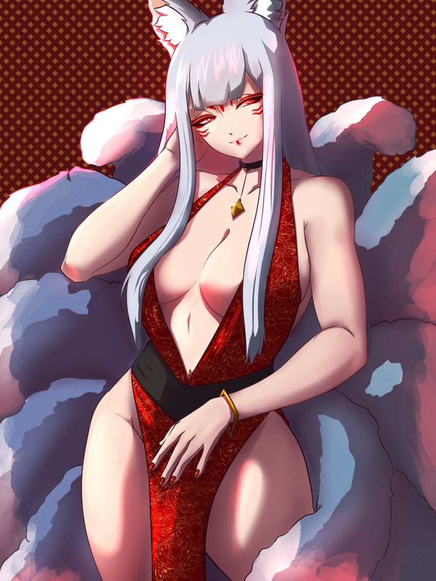 1girls bare_shoulders big_breasts braid china_dress chinese_dress cleavage collar dress exposed_shoulders fluffy_ears fluffy_tail fox_ears fox_tail fox_tails hi_res highres holykoshi nijisanji nijisanji_en nina_kosaka nine_tailed_fox red_dress red_eyeliner red_eyes red_eyeshadow solo solo_female solo_focus virtual_youtuber white_hair