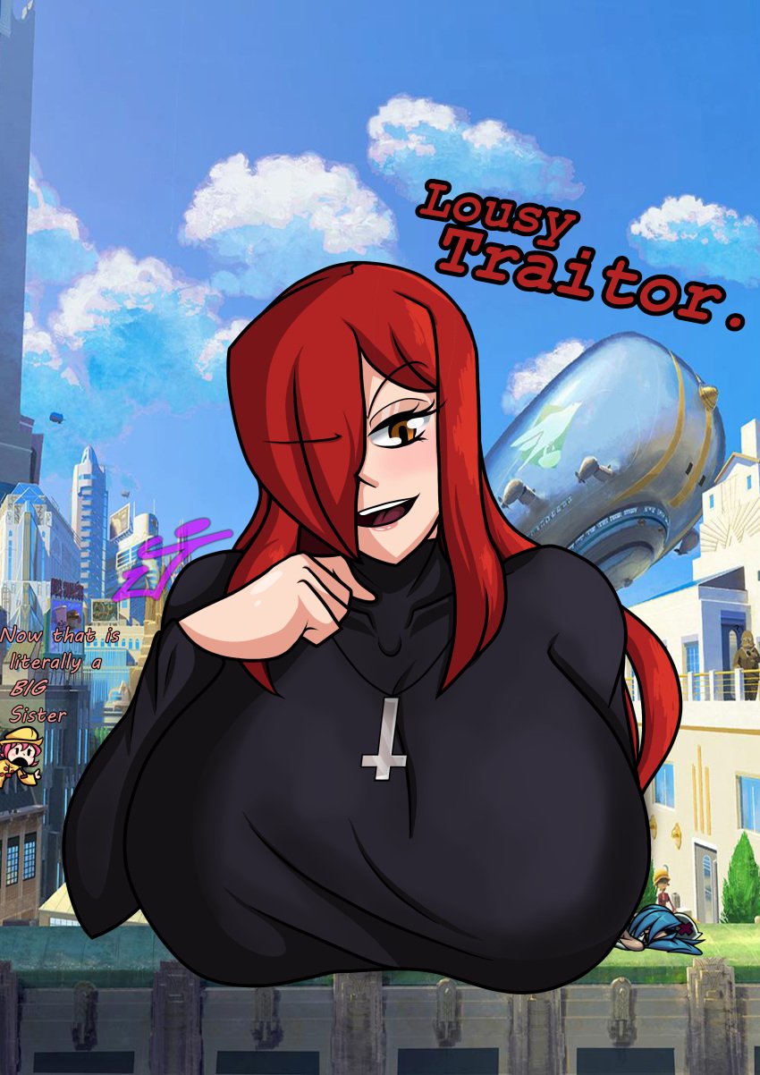 2girls boob_crush clothed clothing english_text female female_only giantess huge_breasts parasoul skullgirls tagme text the_jimster umbrella_(skullgirls) valentine_(skullgirls)