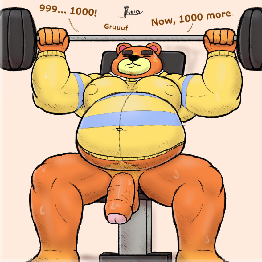 1:1 alanottaviano animal_crossing anthro barazoku barbell bear belly bottomless bottomless_male brown_bear brown_body brown_fur clothed clothing exercise fur genitals hi_res jock_villager male male_only mammal musclegut muscular muscular_male nintendo overweight overweight_male penis solo teddy_(animal_crossing) ursine weightlifting workout