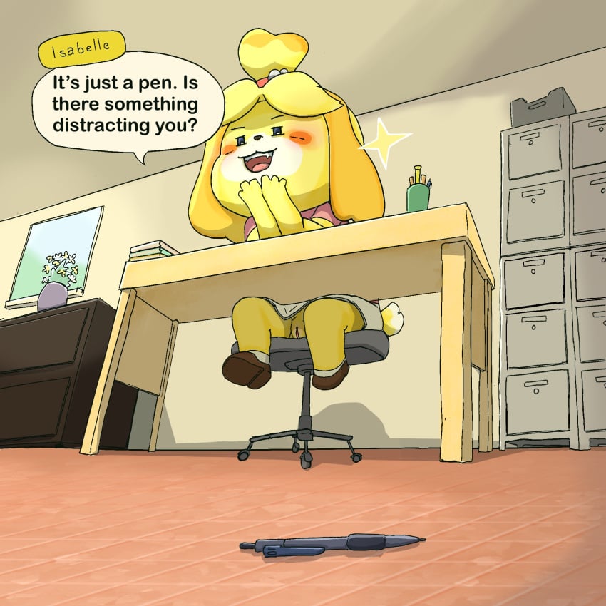 2d animal_crossing anthro blush canid canine canis chair desk dialogue domestic_dog english_text female fur furniture genitals hand_on_face hi_res isabelle_(animal_crossing) leaning leaning_forward looking_at_viewer looking_down mammal mob_face nintendo no_panties office office_chair office_lady presenting pussy seductive sitting size_difference smaller_female smug solo table tail text thanie upskirt