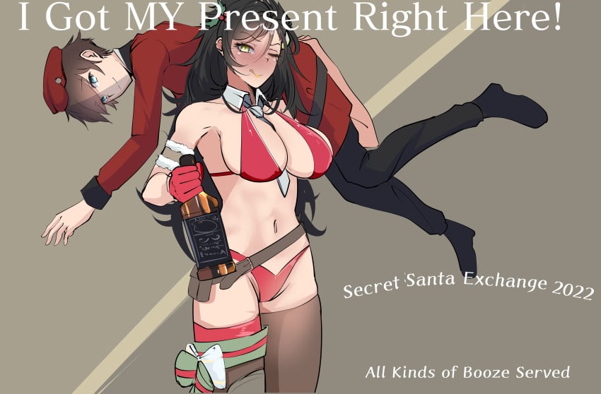 armband beret black_hair blue_eyes blush breasts carrying carrying_over_shoulder christmas_outfit collar colt_python_(girls_frontline) commander_(girls'_frontline) drunk girls'_frontline gloves green_eyes hair_ornament height_difference holly_(plant) jack_daniel's large_breasts larger_female lifting_person navel necktie pouch python_(girls'_frontline) red_bikini red_outfit ribbons rroar8 size_difference smaller_male stockings text tongue_out whiskey yellow_lipstick