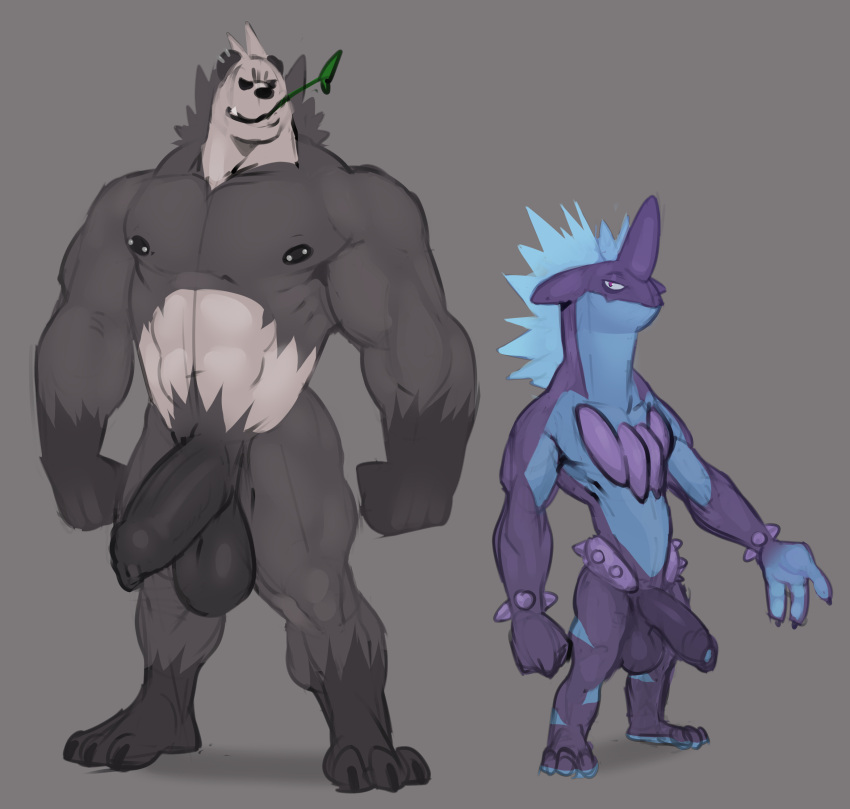 anthro balls bara furry grey_fur kazushi low_key_toxtricity male male_only muscles muscular nipple_piercing panda pangoro penis penis_size_difference pokemon pokemon_xy size_difference straw_in_mouth toxtricity white_fur