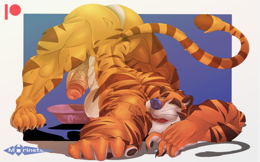 16:10 anthro aroused ass back_muscles erection felid frosted_flakes genitals jack-o'_pose kellogg's male male_only mammal mascot morinetsu muscular muscular_anthro pantherine penis plate pose solo tiger tony_the_tiger widescreen