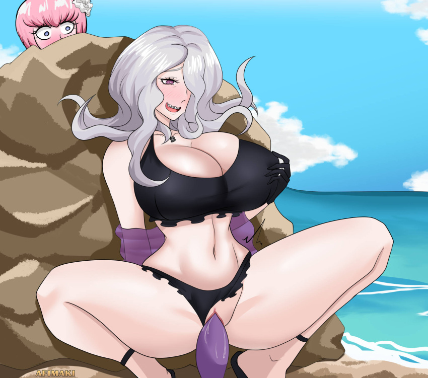 afimaki aged_up ando_ruruka beach bikini bikini_aside bikini_bottom bikini_top braces breasts caught caught_in_the_act caught_masturbating cleavage danganronpa danganronpa_3 dildo dildo_sitting huge_breasts kimura_seiko large_breasts masturbation public_masturbation pussy spread_legs straight_hair thick_thighs thighs