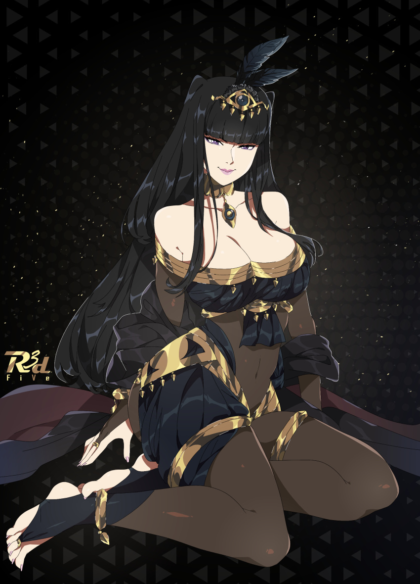 1girls absurdres alternate_costume bangs bare_shoulders black_background black_hair bodystocking breasts cleavage female female_only fire_emblem fire_emblem_awakening fire_emblem_heroes highres jewelry kneeling large_breasts lipstick long_hair looking_at_viewer makeup nail_polish nintendo official_alternate_costume pink_lips pink_nails plegian purple_eyes r3dfive smile solo tharja_(fire_emblem) tharja_(plegian)_(fire_emblem)