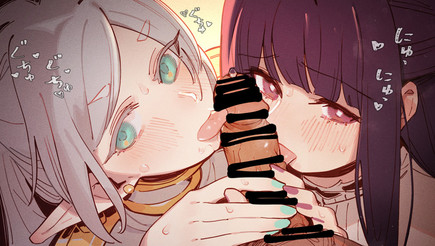 1boy 2girls bangs blowjob blue_eyes blush censored clothed clothed_female clothing collaborative_fellatio color colored_nails double_blowjob earrings elf_ears fellatio female fern_(sousou_no_frieren) ffm_threesome frieren gsusart hand_on_penis licking licking_penis light-skinned_female light_skin looking_at_viewer multiple_girls penis pointy_ears pov precum purple_eyes purple_hair sousou_no_frieren sweat teamwork threesome tongue tongue_out white_hair