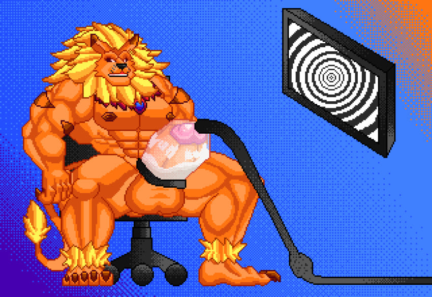 absurd_res animated anthro bandai_namco bodily_fluids chair cum digimon digimon_(species) digital_media_(artwork) ejaculation furniture genital_fluids hi_res hypnosis leomon loop machine male male_only milking_cum milking_machine mind_control morinetsu muscular muscular_anthro pillow_shading pixel_(artwork) pixel_animation sitting solo