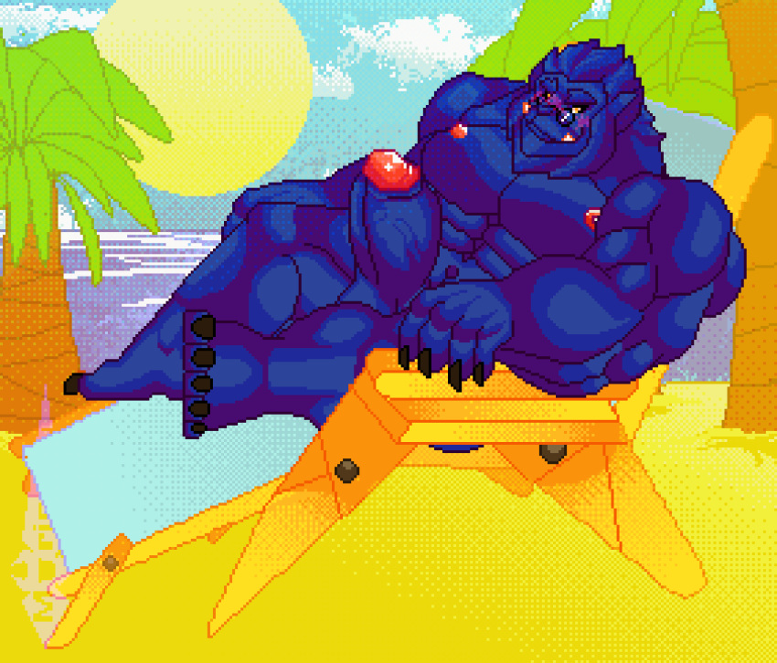 absurd_res animated anthro beach beast_(x-men) blue_skinned_male blush chair digital_media_(artwork) erection eyewear felid feline furniture furry genitals glasses hank_mccoy hi_res loop lying male male_only mammal marvel morinetsu muscular muscular_anthro nude on_back palm_tree penis pixel_(artwork) pixel_animation plant sea seaside short_playtime solo tree water