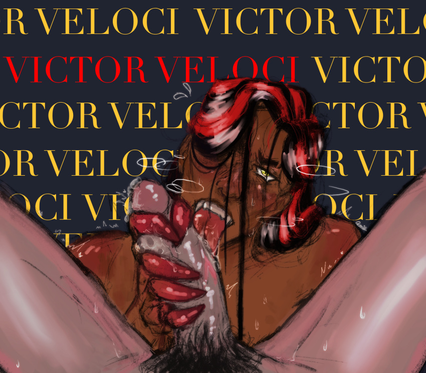 2boys artist_request black_hair blowjob claws dinosaur dinosquad fangs first_person_view gay handjob long_hair male male/male male_only penis_lick pov pov_eye_contact precum precum_drip pubic_hair red_hair saliva spindly tagme tongue victor_veloci yellow_eyes