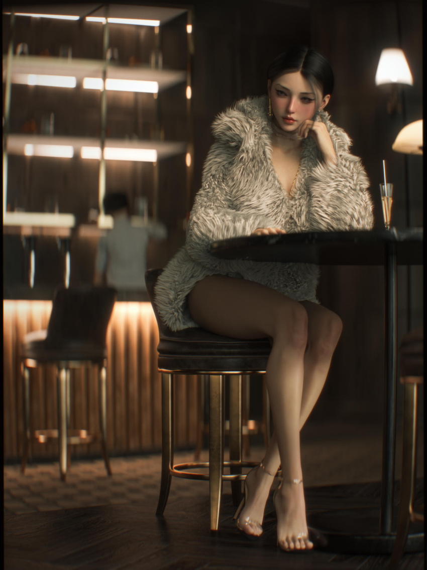 1girls 2022 3d asian asian_female black_hair blush clothed clothing depth_of_field earrings female female_focus fur_coat indoors public seated shoelac3 sitting solo_focus