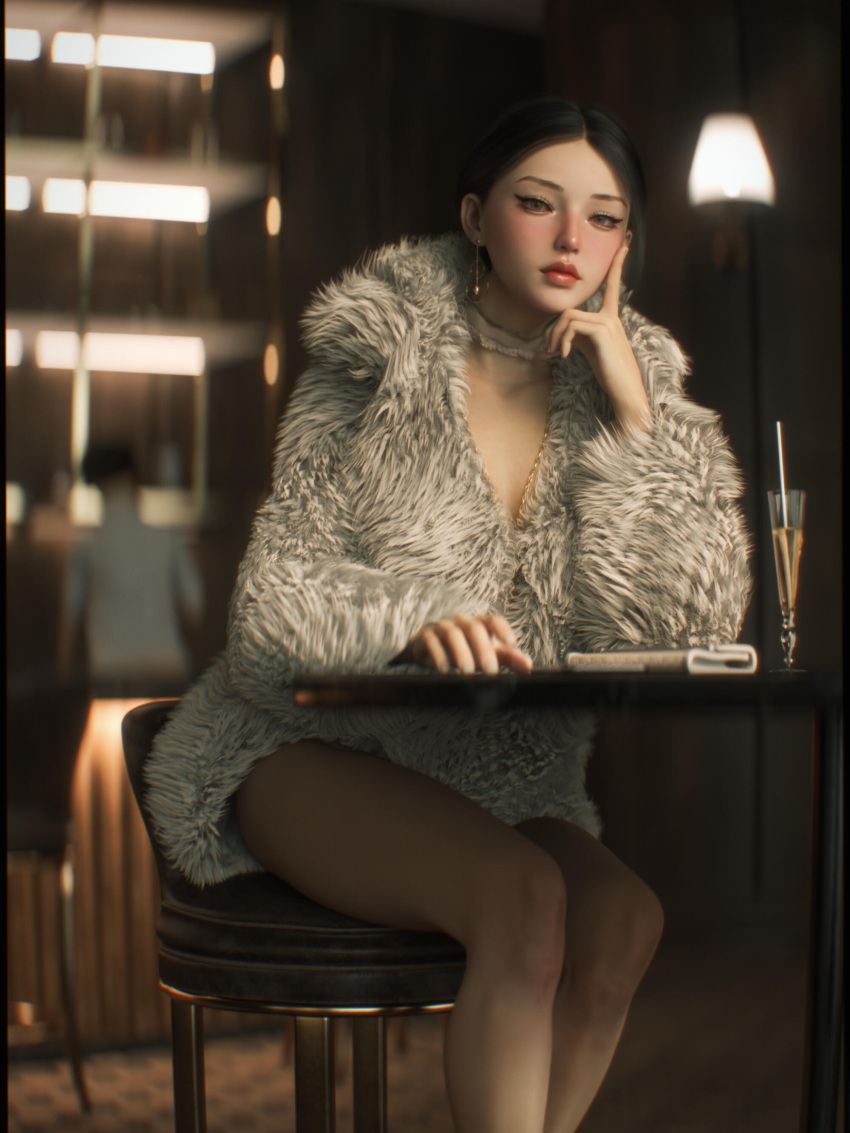 1girls 2022 3d asian asian_female black_hair blush clothed clothing depth_of_field earrings female female_focus fur_coat indoors looking_at_viewer public seated shoelac3 sitting solo_focus