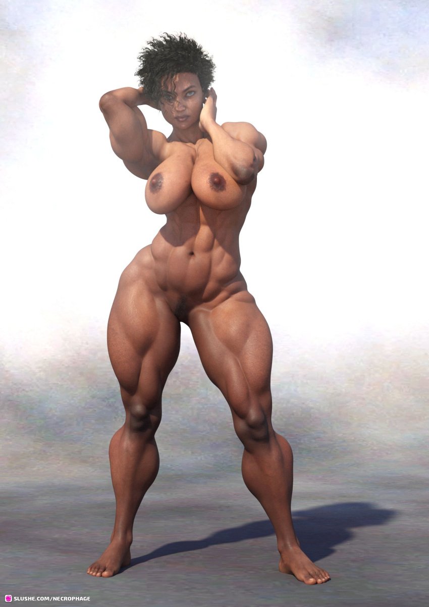 1girls 2022 3d black_hair black_pubic_hair dark-skinned_female dark_skin extreme_muscles female female_only huge_breasts muscular muscular_female necrophage nude nude_female pubic_hair solo solo_female standing