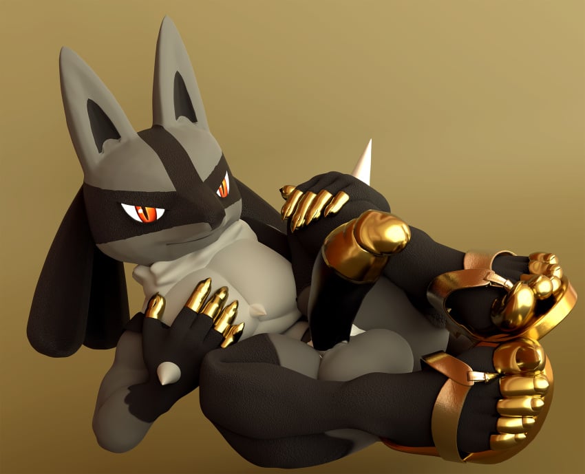 3d_(artwork) 5_toes adynamical anthro blender_(software) canid clothing digital_media_(artwork) feet footwear generation_4_pokemon genitals gold_(metal) gold_jewelry hi_res jewelry looking_at_viewer lucario male male_only mammal nintendo pokémon_(species) pokemon pokemon_(species) sandals simple_background solo super_smash_bros. super_smash_bros._ultimate toes