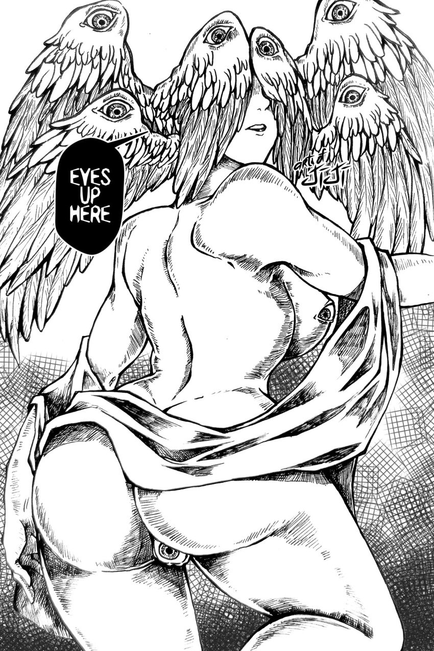 1girls angel angel_wings artofjiji ass back biblically_accurate_angel breasts cowboy_shot english_text eye_nipples eyes eyes_in_pussy eyes_on_wings female from_behind functionally_nude looking_at_viewer monster_girl original pussy_with_eyes shoulders simple_background solo solo_female text_bubble wings_on_head