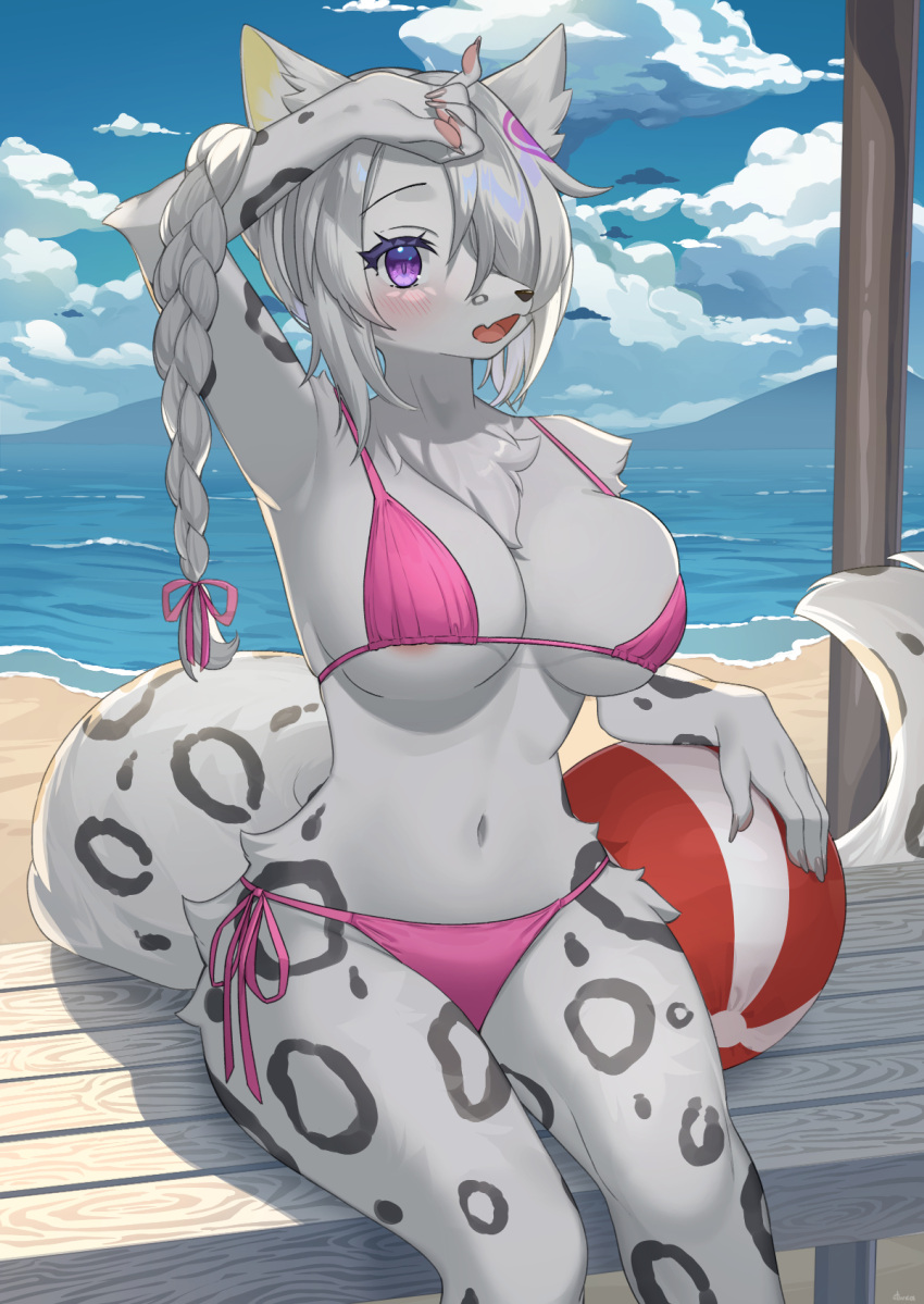 1girls anthro arctic_fox beach bikini blush braid canine commission etivka female female_only fox freya_(xaineth) fur furry furry_only grey_fur grey_hair hair_lift hair_over_one_eye hi_res long_hair looking_at_viewer purple_eyes seaside sitting smiling smiling_at_viewer solo spotted_body spotted_fur spotted_markings tail white_body white_fur