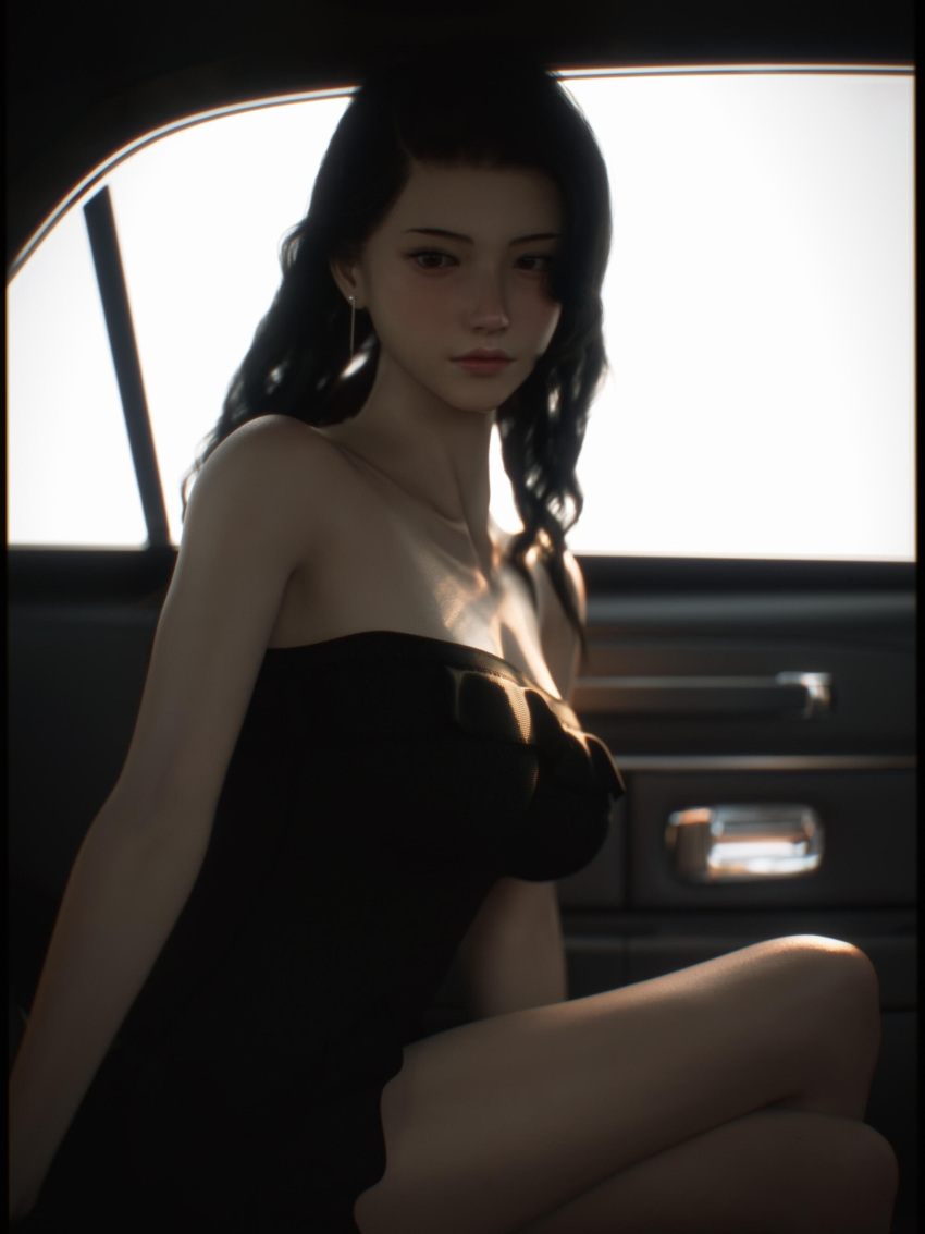 1girls 2022 3d alternate_lighting alternate_version_available asian asian_female black_dress black_hair brown_eyes brown_hair car_interior clothed clothing dress female female_only medium_breasts seated shoelac3 sitting solo solo_female vehicle_interior