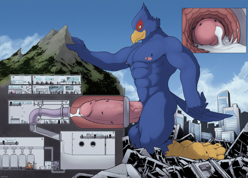 absurd_res anthro avian blue_body bodily_fluids city corrsk destruction erection facility falco_lombardi genital_fluids genitals hi_res internal kneeling macro male mountain nintendo penetration penile penis penis_milking precum solo star_fox tunnel worship