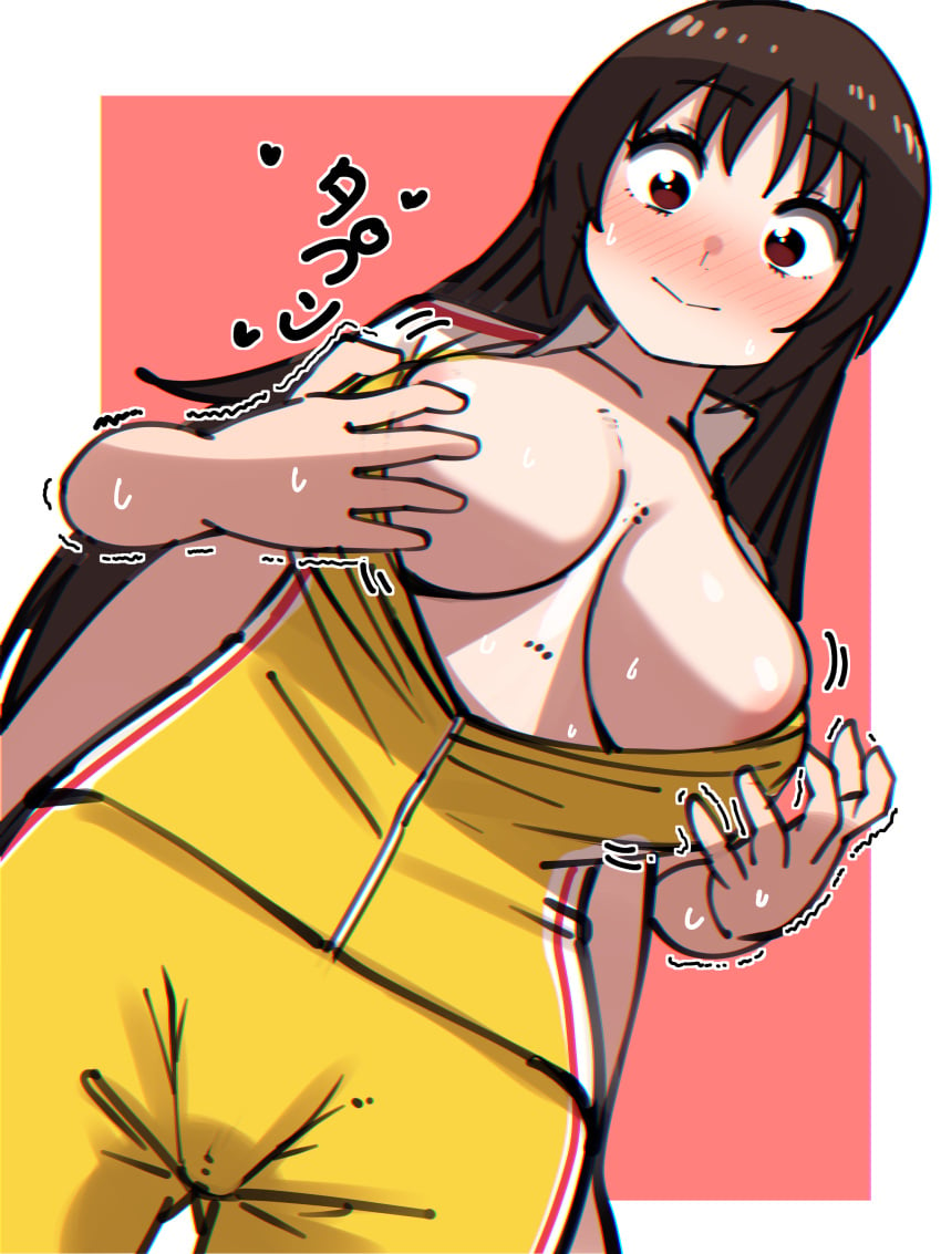 1girls big_breasts blush breasts brown_hair cameltoe cleavage female kanzaki_miki long_hair nervous sportswear sweat sweatdrop takahashi_myojin_(artist) track_jacket track_suit yowamushi_pedal